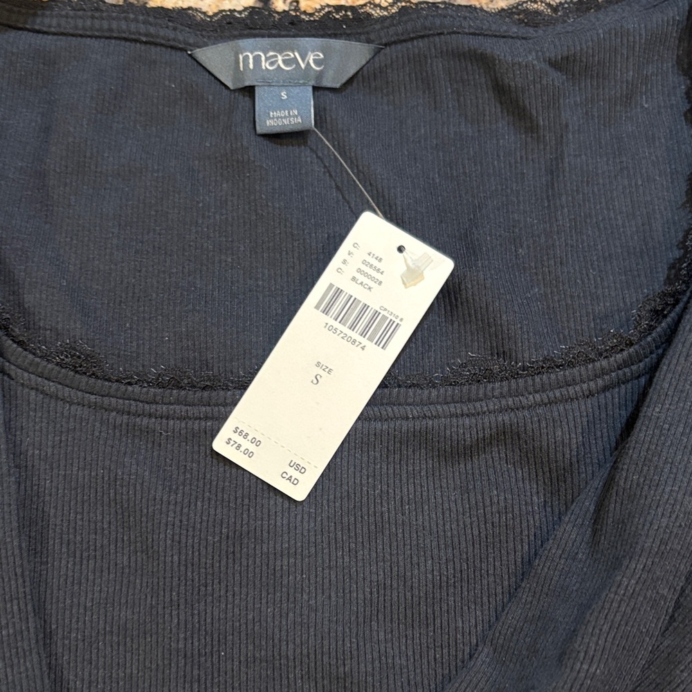 New Maeve Blk Ribbed Top with Lace Detail by anthropology Size S & M - Picture 2 of 11